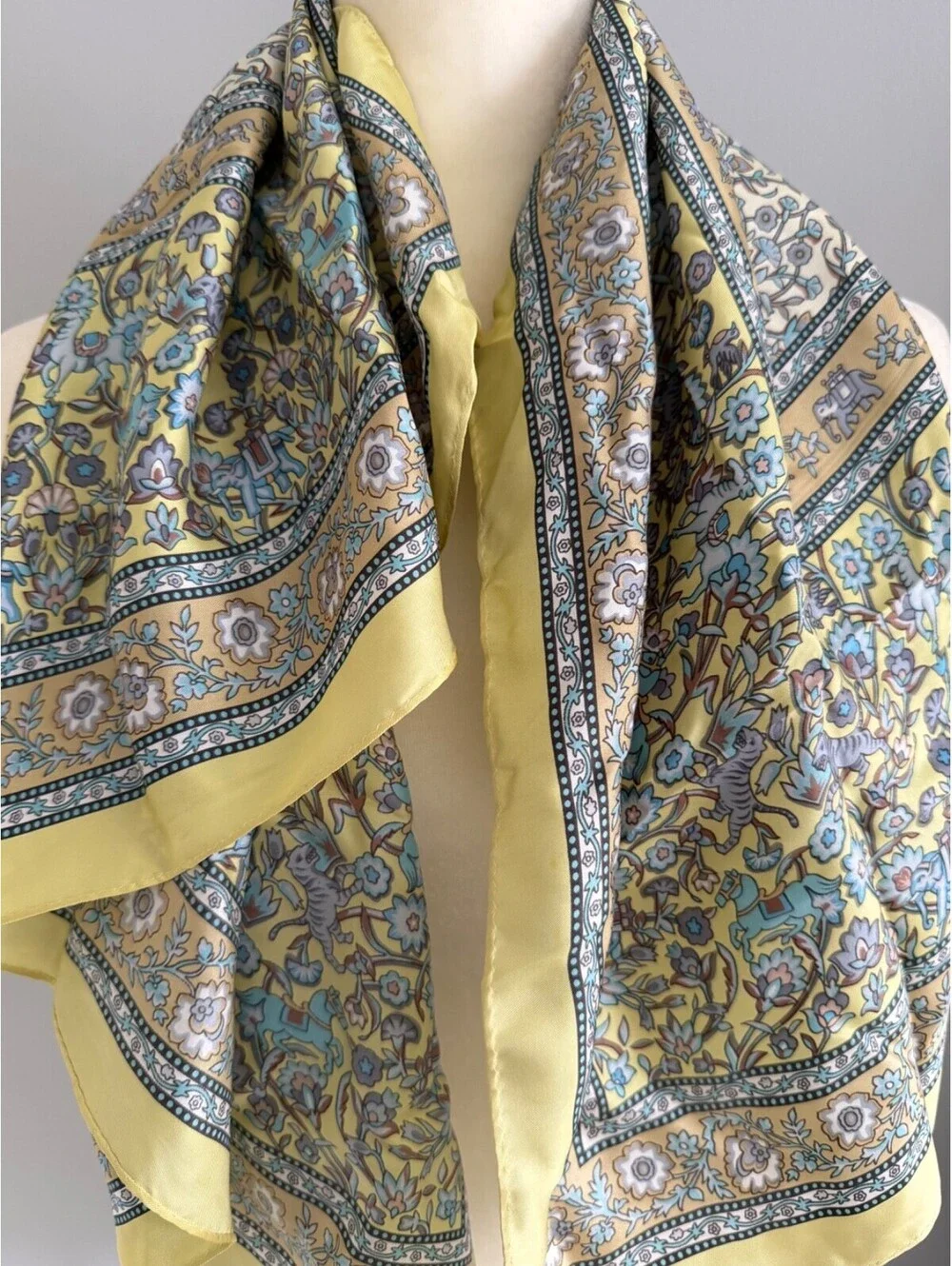 Lui Chantant Silk Scarf Vintage Animal Floral Print Elephant Tiger Yellow 33